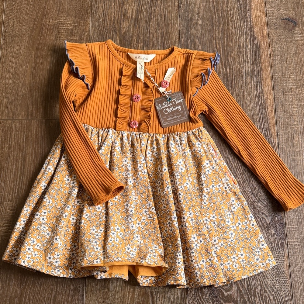 Matilda Jane Mustard Ribbed Bodice Floral Skirt Long-Sleeve Dress- new with tag